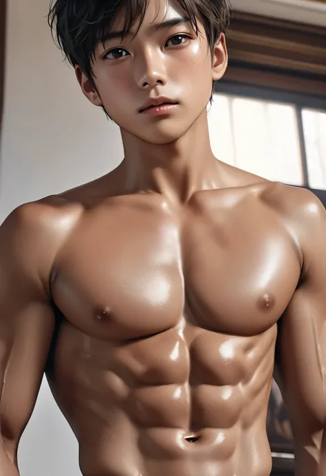 high quality, detailed, photo Realistic,(tanned japanese school boys), (tanned face:1.5), (detailed black eyes), (black short hair),(abs),(tanned dark brown shiny skin:1.5), flat chest, black tiny thong,(detailed nipples), palace bedroom, (best quality,4k,...