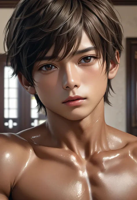 high quality, detailed, photo Realistic,(tanned japanese school boys), (tanned face:1.5), (detailed black eyes), (black short hair),(abs),(tanned dark brown shiny skin:1.5), flat chest, black tiny thong,(detailed nipples), palace bedroom, (best quality,4k,...