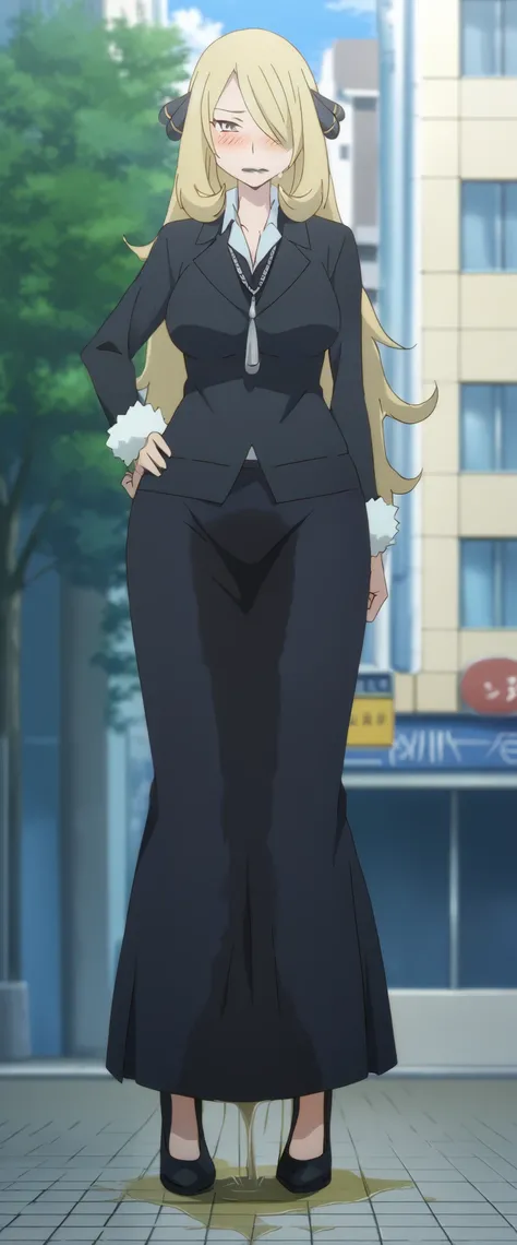 (high quality,Very detailed:1.37, High resolution), 2d, anime, anime style, anime source, Woman, Cynthia (Pokemon), slender, business suit, necktie, (long skirt:1.25), (pencil skirt:1.5), pantyhose, huge breasts, cleavage, looking at viewer, masterpiece, b...