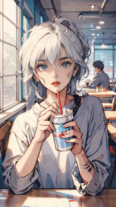 (high quality), (masterpiece), (detailed), 8K, (Teenage boy1.2) with (white hair1.3) holding (plastic cup with straw1.2), mid-sip in quiet (cafeteria1.2). Sunlight filters through windows, casting soft light on (reflective gaze1.3), creating a comfortable ...