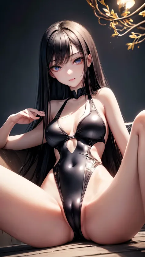 ((masterpiece,best quality,ultra detailed,high resolution)),night,looking viewer,((solo,girl,slender)),black hair,straight hair,(beautiful detailed face,beautiful detailed eyes),(finely detailed skin,fair skin),medium breast,light_smile,(competition swimsu...