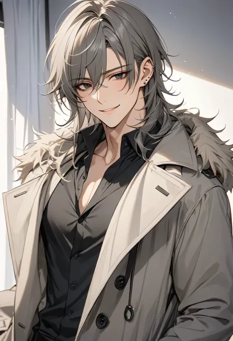 gray tousled shaggy layered cut with curtain bangs, black eyes, beauty mark/mole under left eye, handsome, sexy , very attractive and tall, ((best quality)), masterpiece, 8k quality, smiling, coat, black shirt underneath coat, piercing on ears,