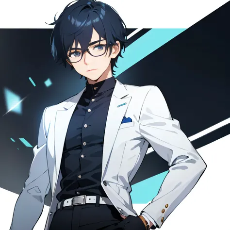 1young man, blue black hair, white blue clothes, glasses, jacket, strong, office background