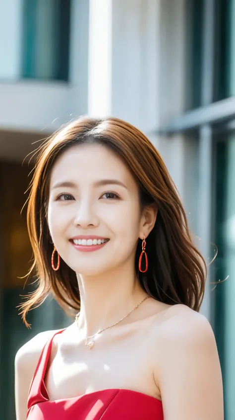 Highest quality,masterpiece,Ultra-high resolution,４５Aged Japanese woman，The best smile，whole body，Bright Red Dress，High heels，Curly Hair，big ring earrings，Gorgeous Necklace，