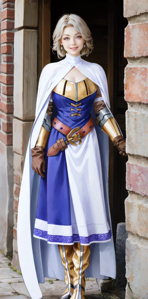(Female chest covered)(smile) Gray skin, pale golden hair and violet eyes. She prefers clothing of white and silver with cloaks of deep blue or purple, village background, huge_knockers ((very precise detailed)) ((highres) (masterpiece, best quality), 1gir...