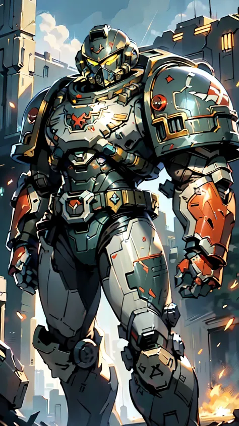 (masterpiece:1.5, best quality:1.5, extremely delicate:1.5), ((male:1.5)), a man wearing a full-face helmet, a biotech armored combat suit, green eyes, (a composite layered chest armor), fully enclosed shoulder guards, matching arm and leg guards, a belt o...