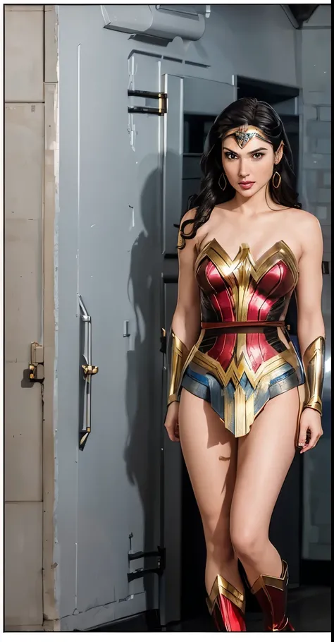 (best quality, masterpiece:1.2) 1girl woman in her 40 years, walking, metal bracelets, long black hair, blue eyes, lipstick, star earring, wonderwoman as gal gadot, wearing golden tiara, red boots, metal background, realistic