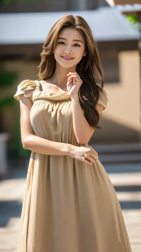 ((Highest quality, 8k, masterpiece: 1.3)), 1 girl, smile, whole body, Slim face, Beautiful woman, Medium dark brown hair,、Highly detailed face, Detailed eyes, double eyelids, Blurred Background, Slim face, ((Super long brown hair reaching to her knees:1.4)...