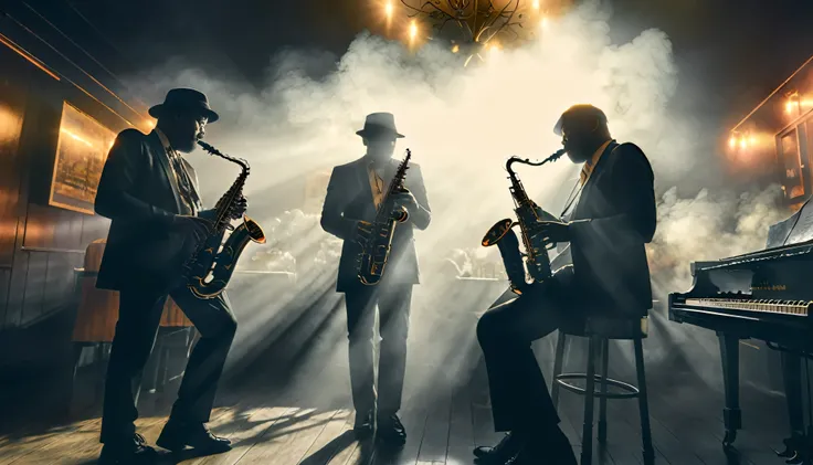Cozy jazz club scene, Dark and smoky, Three European-style saxophonists, Very intricate details, Award-winning art, Ray Tracing, Sharp focus, 8k yen, High resolution, masterpiece, Professional, Very detailed, Perfect hands