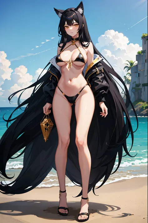 1woman, tall, black hair, gold eyes, wolf ears, wolf tail, bikini, standing on ground, high res, ultra sharp, 8K, masterpiece