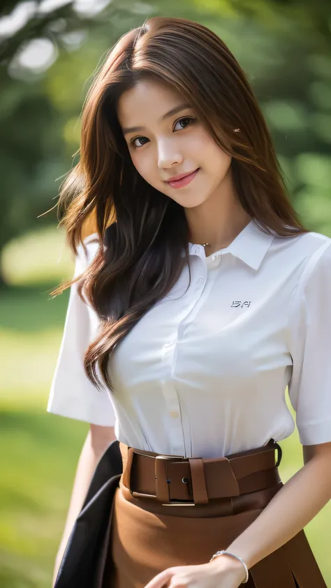 ((Highest quality, 8k, masterpiece: 1.3)), 1 girl, smile, whole body, Slim face, Beautiful woman, Medium dark brown hair,、Highly detailed face, Detailed eyes, double eyelids, Blurred Background, Slim face, ((Super long brown hair reaching to her knees:1.4)...