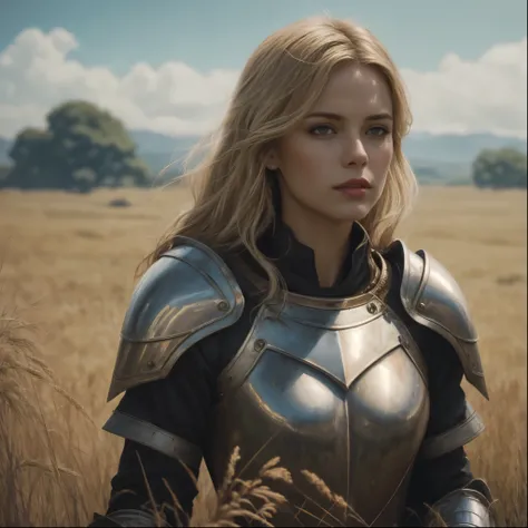 breathtaking oil painting, medieval fantasy, mature knight, commander woman, armored woman, blonde hair, high detail armor, grass field background, cinematic shot, dynamic lighting, 75mm, Technicolor, Panavision, cinemascope, sharp focus, fine details, 8k,...