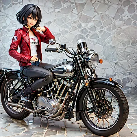 (磁器peopleshape)、(陶磁器people々shape)、(Ride a classic motorcycle:1.2 )、(Vintage Bikes、Bluff Superior SS100)、美しい若い日本people々woman、Beautiful Face, Black Hair, Short Bob Hair, Red classic leather jacket、leather shorts、boots、goggles、Take a photo of the entire bike、...