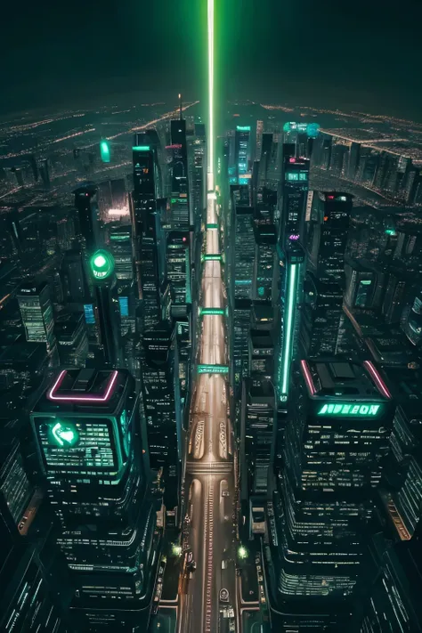 futuristic city see from above in green neon and vintage style