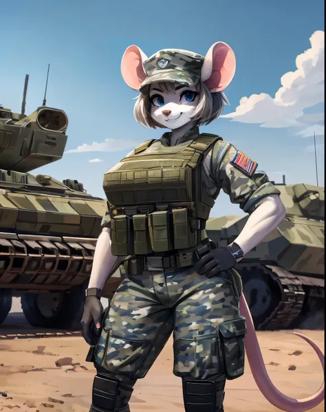 1girl, (smiling :1.1), (Best Quality, 8k, Masterpiece), big tits, big ass, thin waist, toned legs, mouse girl, animal nose, grey and white fur, wearing a Blue camouflage top and blue camouflage shorts, military bulletproof vest, military equipment, standin...