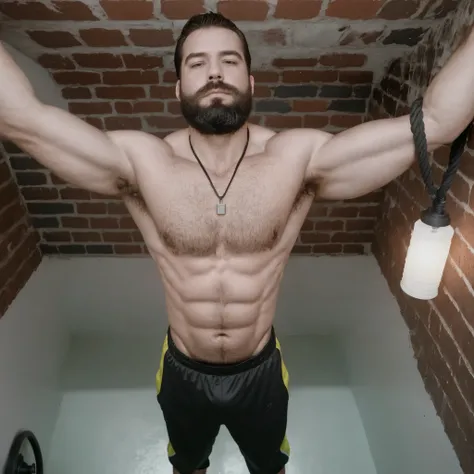 The white man, muscular, 3, with a defined beard, poses shirtless in an industrial-style gym, with exposed brick walls and warm-toned pendant lights. Around it, Free weights and battle ropes can be seen scattered around, while a dim light from a high windo...