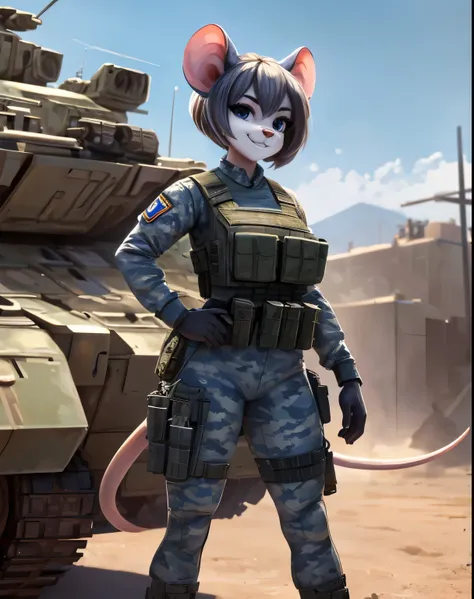 1girl, (smiling :1.1), (Best Quality, 8k, Masterpiece), big tits, big ass, thin waist, toned legs, mouse girl, animal nose, grey and white fur, wearing a Blue camouflage top and blue camouflage shorts, military bulletproof vest, military equipment, standin...