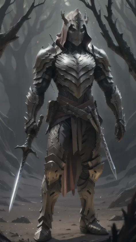 humanoid warrior, jagged weathered armor, dried tree bark, worn leather, wields large sharp sword, metallic hilt, battle-ready stance, bone-like mask, red cloak flowing dramatically over his shoulder, mysterious dangerous aura, soft dimly lit, faint glowin...