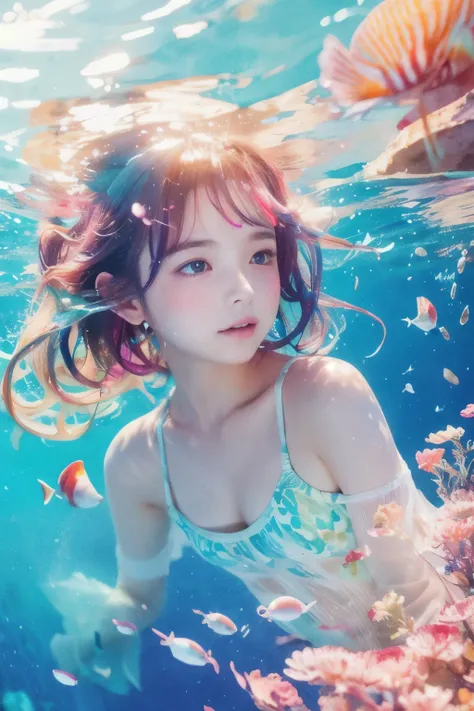 Highest quality、８K、Image of underwater、Watercolor splash、Modern Girl、Boyish Woman、colorful、Illustration magazine、たくさんのcolorfulな魚