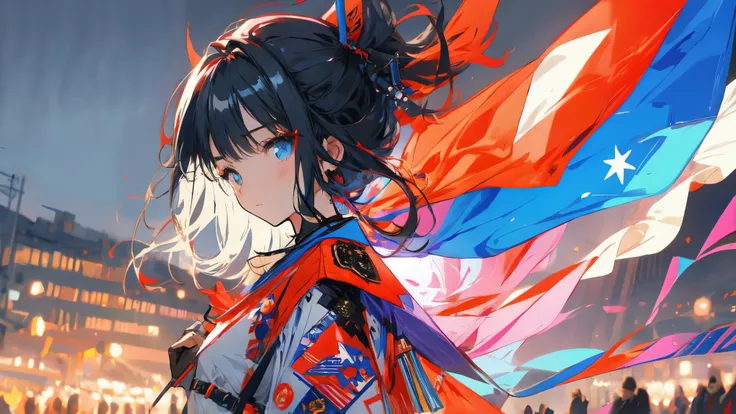 Girl holding a flag。Illustration from afar。