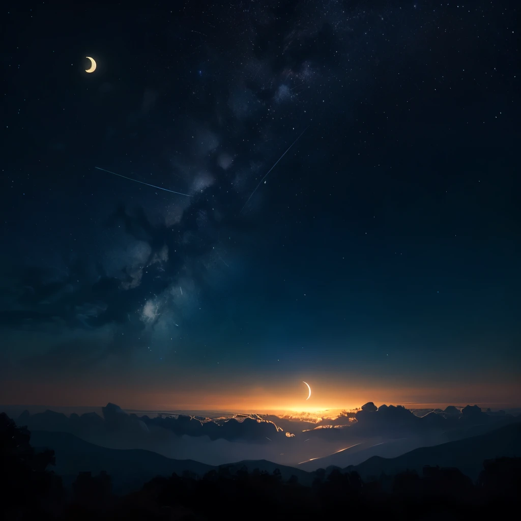 A serene night sky with a crescent moon and a scattering of stars, illuminated by a gentle blue glow. Soft clouds enhance the tranquil atmosphere, making it feel like a peaceful and magical midnight scene.