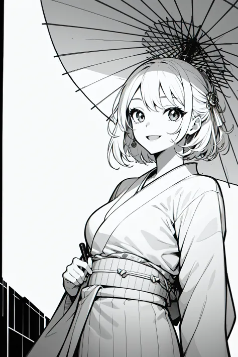 1girl,Yukata,Line Art,Monochrome,looking up,waist up, umbrella, smiling