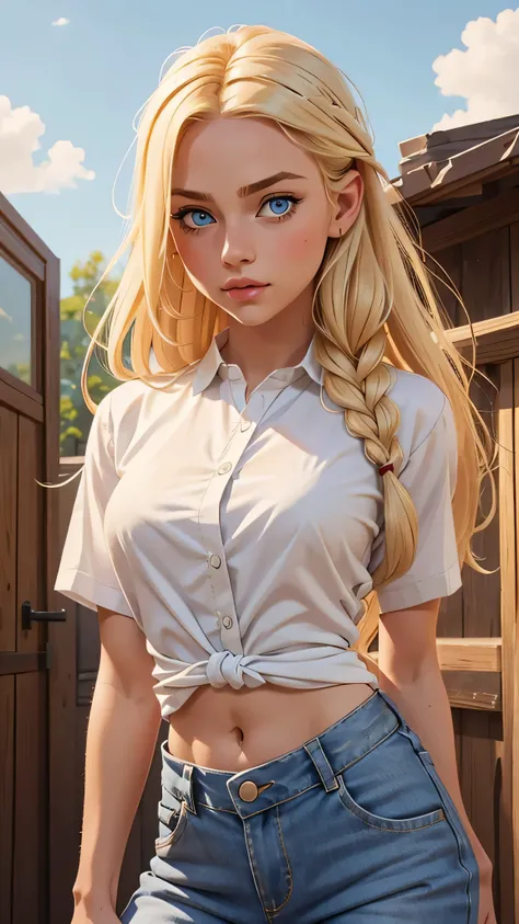 1girl, blonde hair, blue eyes, clothes lift, solo, hair ornament, long hair, shirt lift, braid, looking at viewer, lips, lifted by self, horse, upper body, navel, day, white shirt,