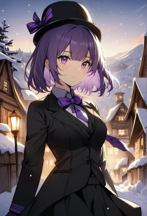 1girl, solo, black hat with purple stripe, black suit, bow on  hat, bow on tie, purple hair, purple eyes, snowy village, detailed background, black skirt