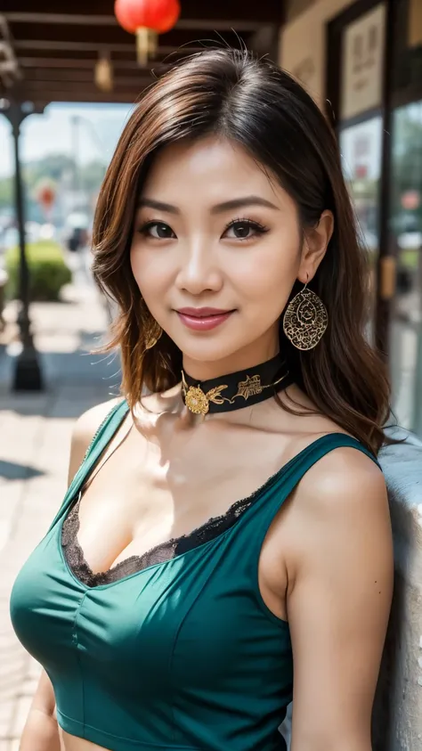 ７７ years old　Mom　MILF　Chinese Lady　large earring　Big choker　navel piercing decoration　A bracelet　realisitic　Gorgeous Madame Beautiful Mature Woman　sexy　Smile　Gentle woman navel piercing　４K　High quality　スポーツブラジャー　脇の下