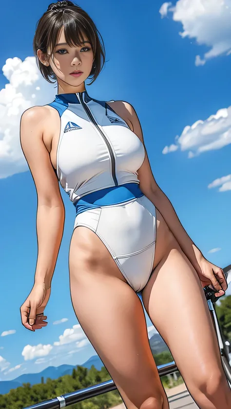  (girl, , Same height :1.2) , (Large Breasts:1.2, not good:1.2), masterpiece，Mountain Bike，Cycling enthusiasts，beautiful girl，business attire，Blue sky and white clouds，8k,  Japanese girl , Very short hair , Camel toe, (High color saturation:1.0),  (The ski...