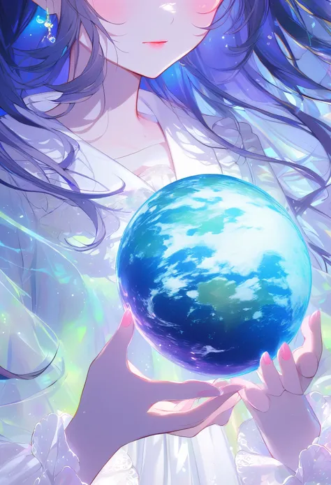 A girl holding a planet，close up，Shining fluorescent feeling，transparency，Dream，Monet&#39;s Color Scheme，Textured Matte，high quality，HD，Rose red，blue，Neon lights，Space Background