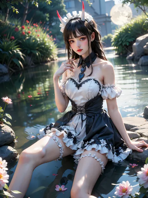 noshiro cosplay costume
cosplay
maid
apron
horns
black thighhighs (high quality details), 1 girl, solo, young women, elegant pos...