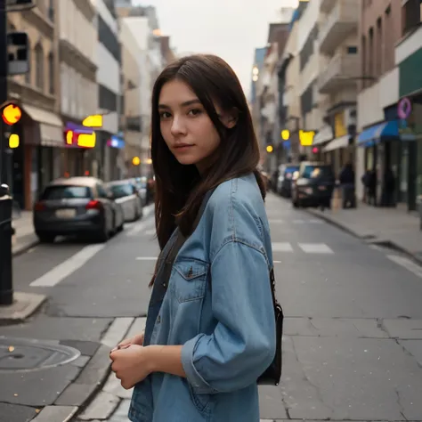 a young woman standing on the street, blur background, beatiful, photorealistic