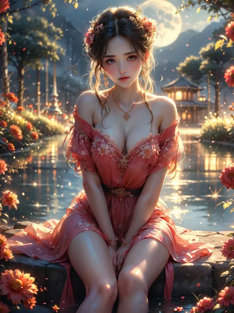 AncheReddressgirl (High quality details), 1 Girl, solo, Young women, Elegant Posture, ((night, moonlight)), (Curvy body，Lying in the water naturally，River Water，rock, Relaxed expression), (Focus on natural body posture and correct anatomy:1.3), (Perfect le...