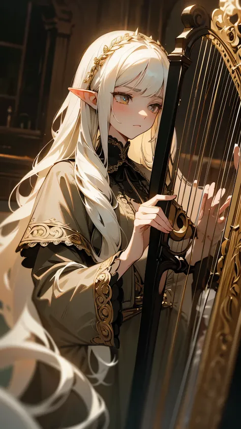 A beautifully detailed portrait of a high elven woman with long white flowing wavy hair in an anime art style. She wears an ornate, gothic-inspired Victorian gown with intricate embroidery, high collar, and lace details. Her expression is emotional and int...