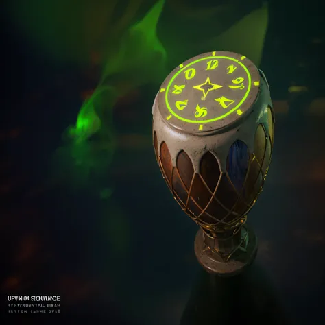 there is a clock on a stick in the water, holographic runes, hyperdetailed scp artifact jar, rendered with substance designer, octance render, substance designer render, fantasy game spell symbol, substance render, dmt imagery. octane render, stylized pbr,...