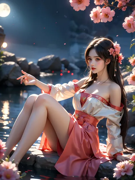 Hanfu-song, Hanfu, song theme, headband, Tube Top, (High quality details), 1 Girl, solo, Young women, Elegant Posture, ((night, moonlight)), (Curvy body，Lying in the water naturally，River Water，rock, Relaxed expression), (Focus on natural body posture and ...