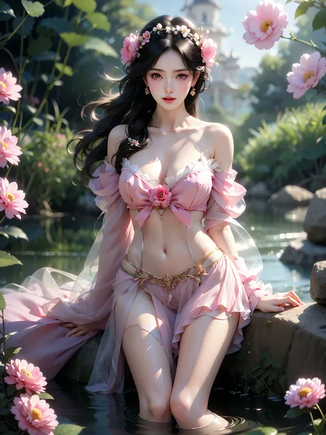 , (High quality details), 1 Girl, solo, Young women, Elegant Posture, ((night, moonlight)), (Curvy body，Lying in the water naturally，River Water，rock, Relaxed expression), (Focus on natural body posture and correct anatomy:1.3), (Perfect leg proportions:1....