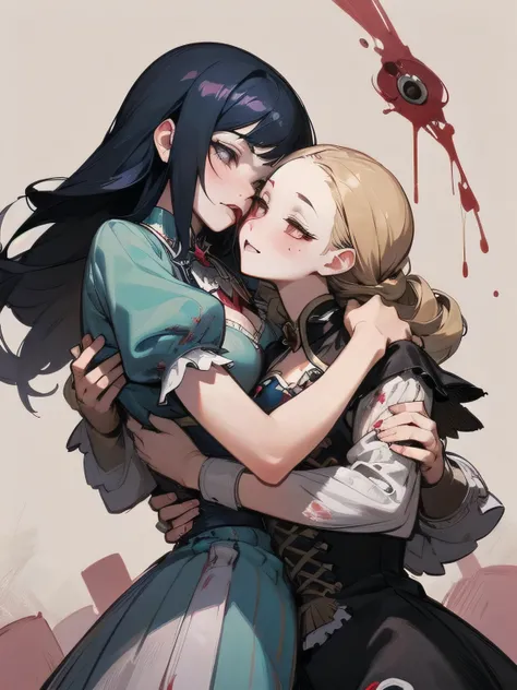 2girls,(big forehead), different hair colors,hugging and kissing, blood dripping from mouth:1.3,(bloodstained:1.3),(exquisite blood:1.3),(manga style),(dketch),(illustration),