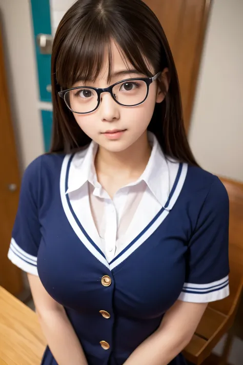 High school uniform、Boobs glimpsed、Small breasts、Glasses girl