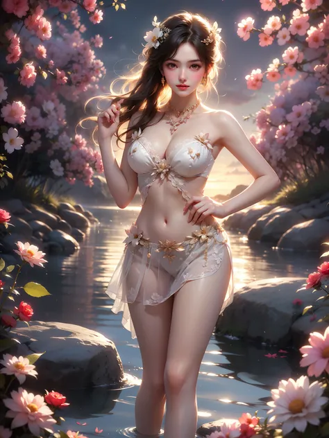 , (High quality details), 1 Girl, solo, Young women, Elegant Posture, ((night, moonlight)), (Curvy body，Lying in the water naturally，River Water，rock, Relaxed expression), (Focus on natural body posture and correct anatomy:1.3), (Perfect leg proportions:1....