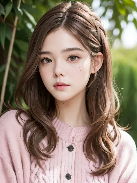 girl, long brown hair, gray eyes, Sharp features, white skin, pink lips, wavy hairstyle, sweater, brown jacket