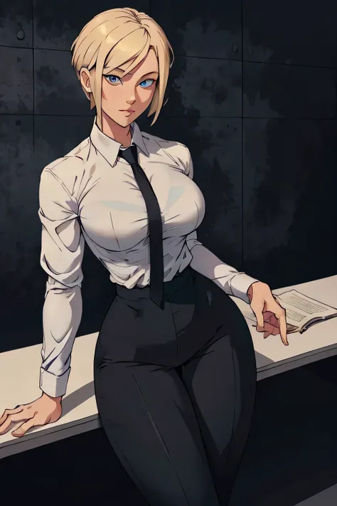 girl with short blonde hair, blue eyes, wearing a white dress shirt, breasts, with a black tie, defined body, wearing black dres...