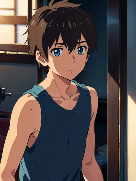 Highres, Masterpiece, Best quality at best,Best Quality,hight quality, hight detailed, Anime style, 1boy, Shota, young boy, shinkai makoto, kimi no na wa, Taki, hair between eyes,brown hair, blue eye, slim body, Tank top, look at viewer, from the front, (v...