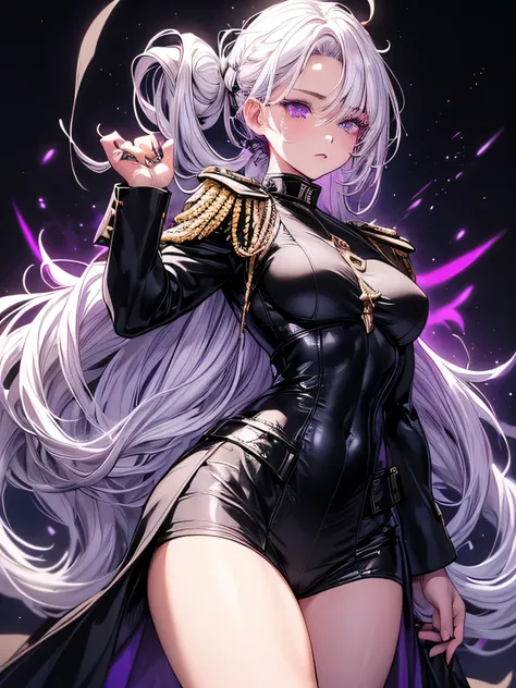 Feminie woman with (glowing purple eyes) and ((short messy white hair)) wearing ((black military uniform)). (Small breasts) (Narrow waist) (Wide hips) (Detailed background) Standing with her back to the camera looking over her shoulder. ((Beautiful detaile...