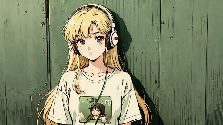 1 person, Long blonde hair, 80s anime style, I have headphones on, coffee, Retro, Lo-Fi,Moss green wall background, Wearing a short-sleeved T-shirt, frontから見た女性の顔のクローズアップ, front