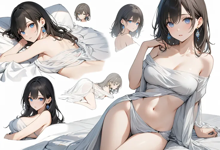 best quality, super_delicate, super delicate eyes, ultra detailed, beautiful, 8k , 1girl, lying, beautiful stomach, bare shoulder, breasts hidden by silk cloth, earrings,, bed, white background, no background, concept art