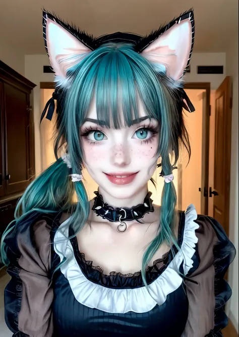 1girl, aqua hair, aqua eyes, grin, egirlmakeup, messy hair, messy ponytail, messy bangs, collar, indoors, looking at viewer, facing viewer, pale skin, cat ears, blush, blushing, looking at viewer, head tilt, black maid outfit, long sleeves, freckles, 1girl...