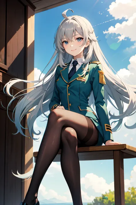 masterpiece, Highest quality, High resolution, Urine 1, One girl, Myolin Remblanc, Astichias uniform, alone, Long Hair, Grey Eyes, Grey Hair, Ahoge, Seamed legwear, Green shorts, tie, bangs, Hair between the eyes, Black Pantyhose, Long sleeve, Green jacket...