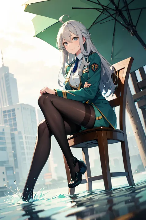 masterpiece, Highest quality, High resolution, Urine 1, One girl, Myolin Remblanc, Astichias uniform, alone, Long Hair, Grey Eyes, Grey Hair, Ahoge, Seamed legwear, Green shorts, tie, bangs, Hair between the eyes, Black Pantyhose, Long sleeve, Green jacket...